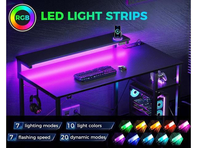 MOTPK 40 Inch Small Gaming Desk with Storage & Led Lights, Computer Desk with Power Outlet & Shelf, Reversible Gamer Desk with Adjustable Monitor...