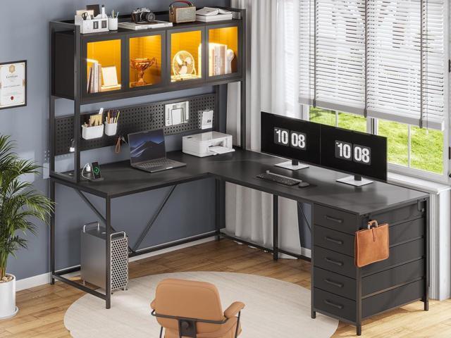SEDETA L Shaped Gaming Desk with Drawers, L Shaped Computer Desk with Hutch and Storage Shelves, Gaming Desk with Pegboard, Led Lights, and Power...
