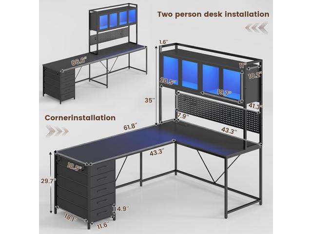 SEDETA L Shaped Gaming Desk with Drawers, L Shaped Computer Desk with Hutch and Storage Shelves, Gaming Desk with Pegboard, Led Lights, and Power...