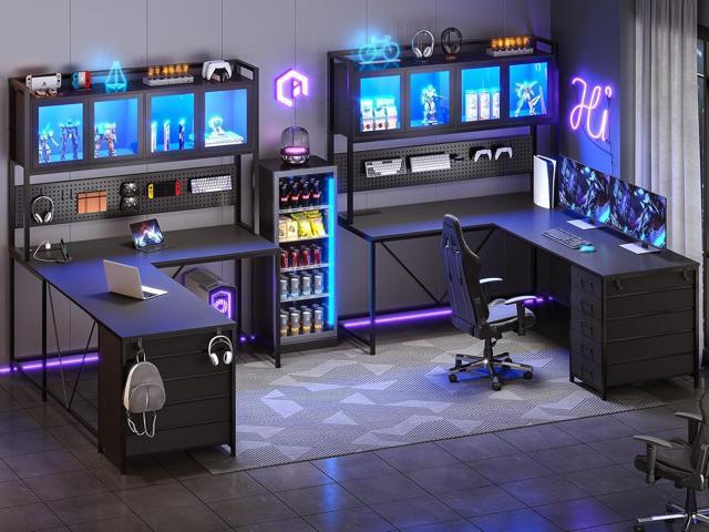 SEDETA L Shaped Gaming Desk with Drawers, L Shaped Computer Desk with Hutch and Storage Shelves, Gaming Desk with Pegboard, Led Lights, and Power...