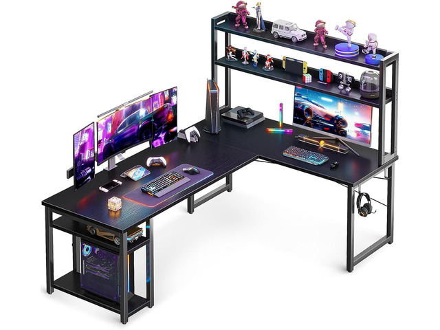ODK L Shaped Gaming Desk with Hutch, Computer Desk with Storage Shelves, 66' L Shaped Desk for Home Office, Corner Desk with Headphone Hook, Black