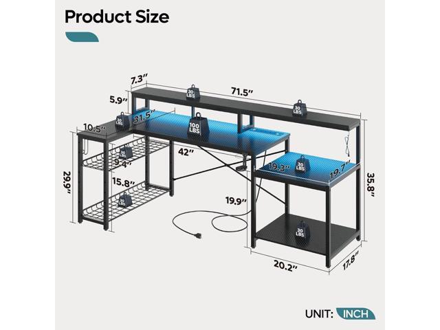 Bestier LED Gaming Desk with Power Outlets, 71 inch L Shaped Computer Desk with Monitor Stand, Large Desk with Printer Stand Adjustable Shelf, Cup...