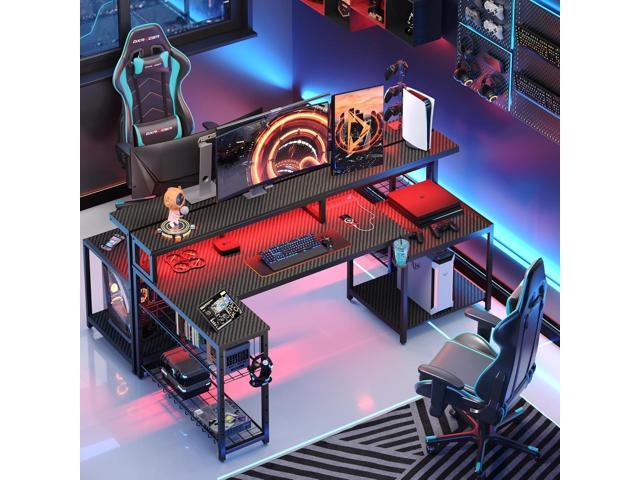 Bestier LED Gaming Desk with Power Outlets, 71 inch L Shaped Computer Desk with Monitor Stand, Large Desk with Printer Stand Adjustable Shelf, Cup...