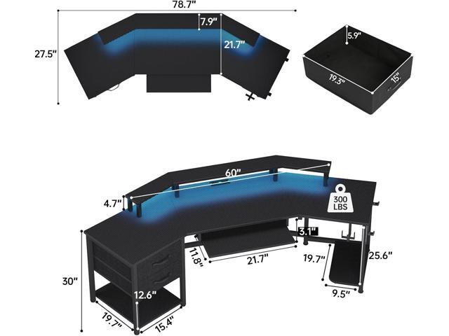 SEDETA 79' Gaming Desk, Computer Desk with 2 Fabric Drawers & LED Light, L Shaped Gaming Desk with Storage Shelf for Home Office, Carbon Fiber Black