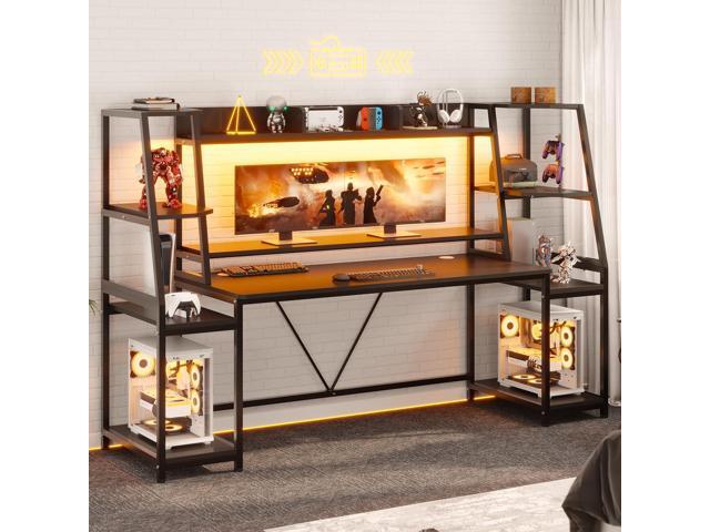 SEDETA Gaming Desk 78.8'' with LED Lights, Hutch and Storage Shelves, Computer Desk with Monitor Stand, Large PC Gamer Desk Workstation, Ergonomic...