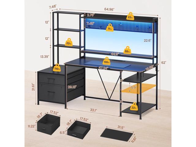 Gaming Desk with Hutch, 65in Reversible Computer Desk with Power Outlets LED Light, Home Office Desk with Monitor Stand 2 Drawers 4 Storage Shelves...