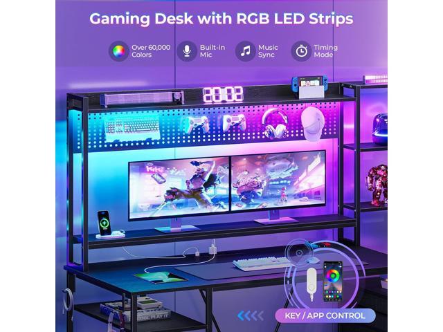Gaming Desk with Hutch, 65in Reversible Computer Desk with Power Outlets LED Light, Home Office Desk with Monitor Stand 2 Drawers 4 Storage Shelves...