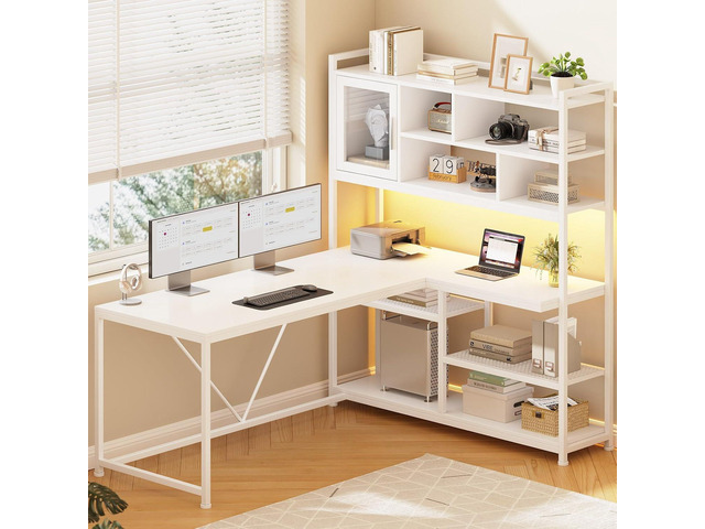 SEDETA L Shaped Computer Desk with Storage Shelves and Bookshelf, White
