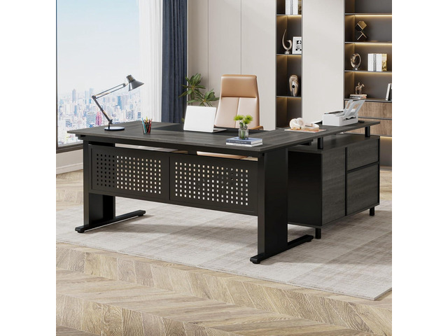 Tribesigns 63 Inch Executive Desk with File Cabinet, L Shaped Office Desk with Drawers and Storage Shelves, Business Furniture Set Workstation for...