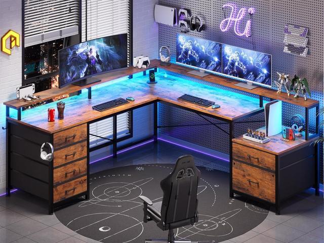 SEDETA L Shaped Desk with 6 Drawer, 108' Home Office Desk with File Drawer & Power Outlet, Corner Computer Desk with Monitor Shelf, Two Person...