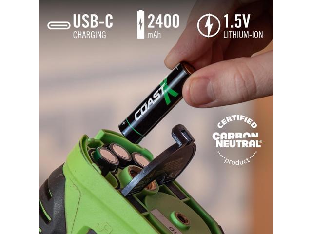 Coast AA USB-C Rechargeable Batteries, ZITHION-X, Lithium Ion 1.5v 2400 mAh, Long Lasting, Charges Under 2.5 Hours, Charging Cable Included,...
