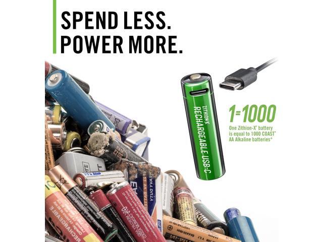 Coast AA USB-C Rechargeable Batteries, ZITHION-X, Lithium Ion 1.5v 2400 mAh, Long Lasting, Charges Under 2.5 Hours, Charging Cable Included,...