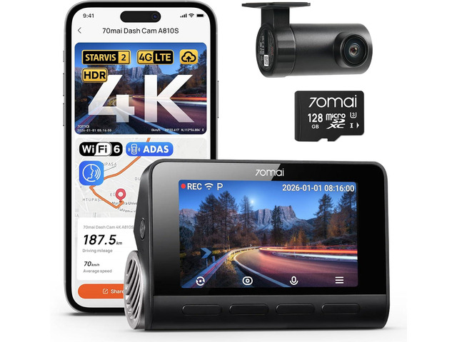 70mai 4K Dash Cam Front and Rear, 4K+1080P Dual STARVIS 2 Car Dash Camera for Cars, 4G LTE Remote Access, AI Motion Detection, WiFi 6, 5 GPS, 24H...