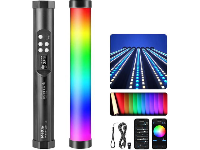 Mettlelite TLX1 RGB Tube Light LED Full Color Portable Video Light with APP Control 2800K-8000K CRI96 TLCI97 360° RGB CCT HSI Mode 10 Customizable...
