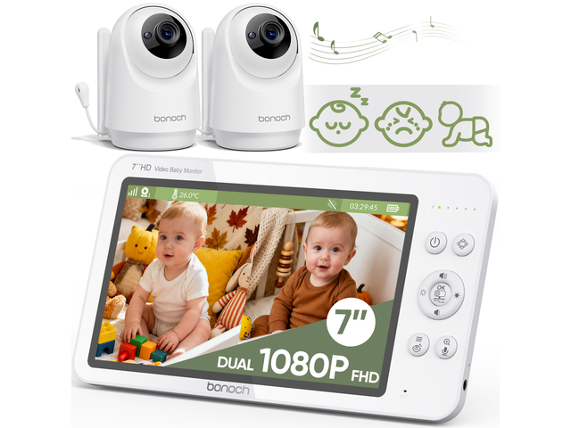 bonoch V2.0 1080P Baby Monitor with 2 Cameras, 7-inch Split Screen No WiFi, Dual Video with Audio, Sleep/Crying/Motion Detection, White Noise, VOX,...