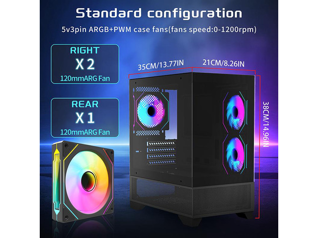 MATX-SLIM/ITX Gaming PC Cases with 3x120MM ARGB fans Preinstalled,itx case, 270° Full View Tempered Glass Mid Tower,Mid-Tower USB 3.0 with Double...