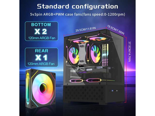 Micro ATX Case, MATX PC Case with 3 X 120mm 3-Pin ARGB Fan Pre-Installed, Panoramic View Tempered Glass Front & Side Panel, Black