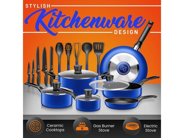 SereneLife Kitchenware Pots & Pans Basic Kitchen Cookware, Black Non-Stick Coating Inside, Heat Resistant Lacquer (20-Piece Set), One Size, Blue