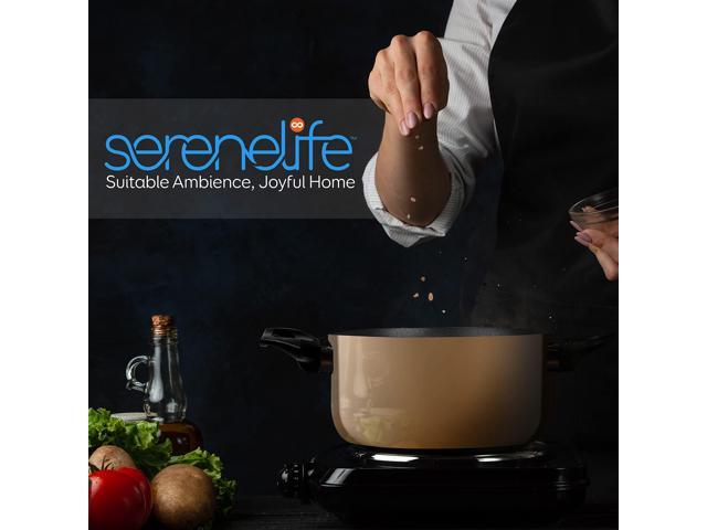 SereneLife Kitchenware Pots & Pans Basic Kitchen Cookware, Black Non-Stick Coating Inside, Heat Resistant Lacquer (11-Piece Set), One Size, Gold