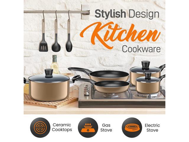 SereneLife Kitchenware Pots & Pans Basic Kitchen Cookware, Black Non-Stick Coating Inside, Heat Resistant Lacquer (11-Piece Set), One Size, Gold