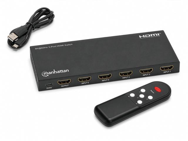 Manhattan HDMI Switch 5 in 1 Out, 8K 60Hz, 4K 120Hz, HDR, IR Remote, Metal Housing, 48Gbps, HDCP 2.3-208482