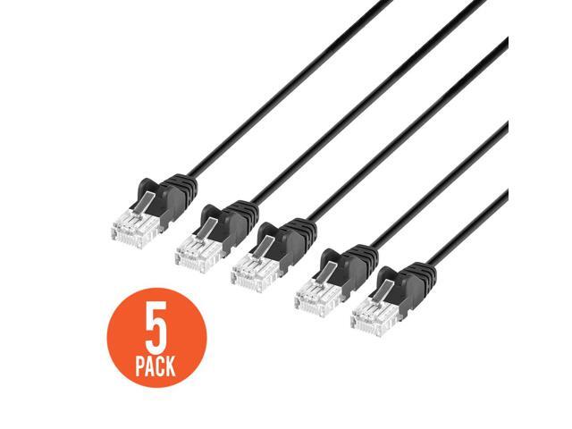 Intellinet Cat6 U/UTP Slim Network Patch Cable, 25 ft., Black, 5-Pack, 10G, 250 MHz, 100% Copper, 30 AWG, RJ45, Stranded, Snag-free, Gold-plated.