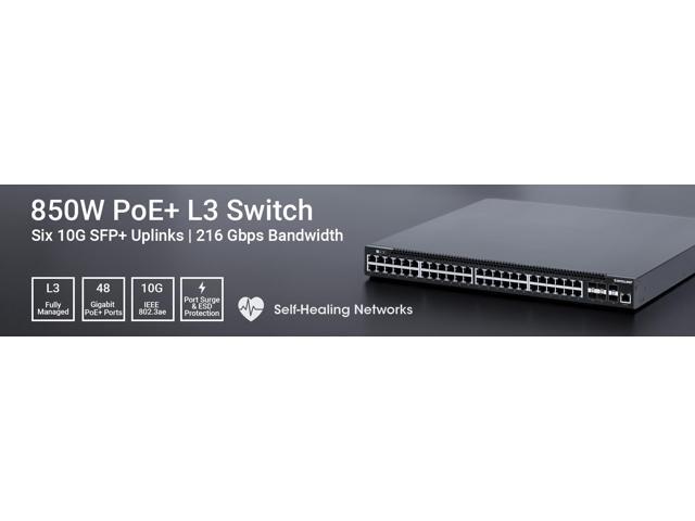 Intellinet 54-Port L3 Fully Managed PoE+ Switch with 48 Gigabit Ethernet Ports and 6 SFP+ Uplinks, 850W, PoE Management, Self-Healing Networks, PD...