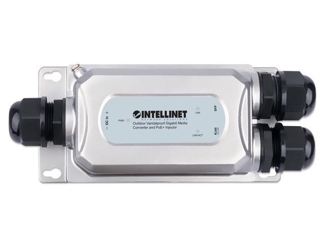 Intellinet Outdoor Vandalproof Gigabit Media Converter + PoE+ Injector 10/100/1000Base-T to SFP Slot, 30W PoE Injector, IEEE 802.3at/af, IP67...