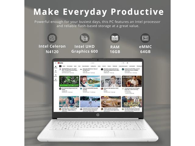 HP Stream 14' HD BrightView Laptop, Intel Celeron N4020 Processor, 4GB RAM, 64GB Storage, Intel HD Graphics, 720p Webcam, 1 Year Office 365, White,...