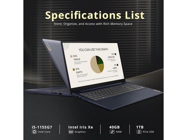 Lenovo IdeaPad 3i 15.6' FHD Touchscreen Laptop, Intel Core i5-1155G7, 40GB RAM, 1TB PCIe SSD, Intel Iris Xe Graphics, HD Webcam, Num Pad, WiFi 6,...