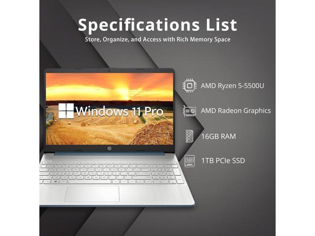 HP 15.6' FHD Laptop, AMD Ryzen 5-5500U Processor, 16GB RAM, 1TB PCIe SSD, AMD Radeon Graphics, 720P HD Webcam, Bluetooth, Wi-fi, Win 11 Pro, Blue,...