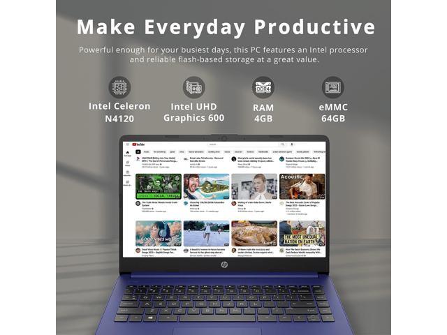 HP Stream 14' HD BrightView Laptop, Intel Celeron N4120, 4GB RAM, 64GB Storage, Intel UHD Graphics, 720p Webcam, 1 Year Office 365, Blue, Win 11 S,...