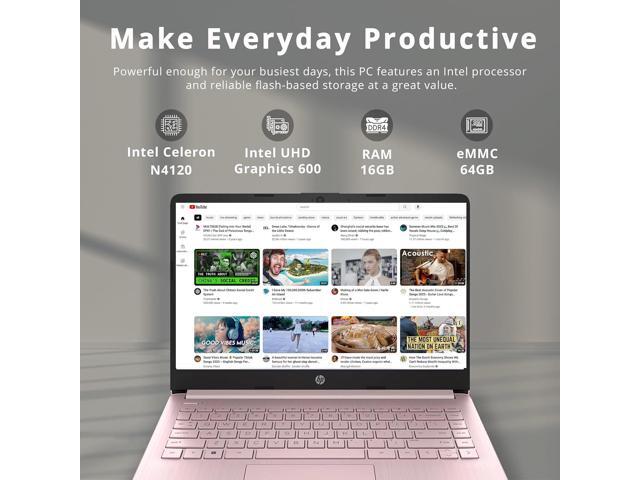 HP Stream 14' HD BrightView Laptop, Intel Celeron N4120, 16GB RAM, 64GB eMMC, Intel UHD Graphics, 720p Webcam, 1 Year Office 365, pink, Win 11 S,...
