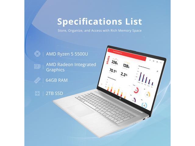 HP 17.3' FHD Laptop, AMD Ryzen 5 5500U, 64GB RAM, 2TB SSD, AMD Radeon Graphics, Fingerprint Reader, Numeric Keyboard, 720p HD Webcam, WiFi, Windows...