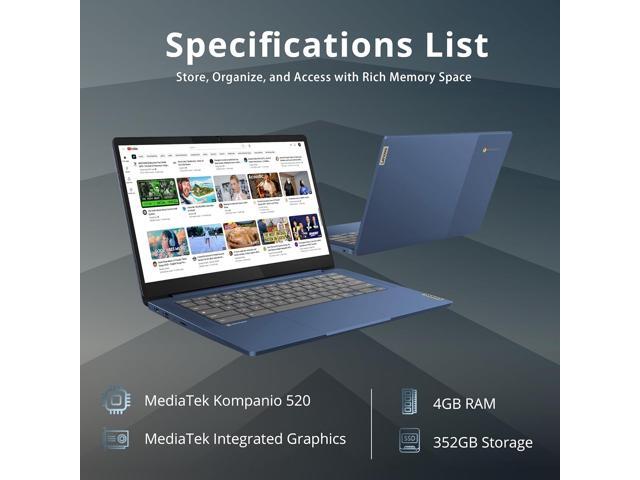 Lenovo IdeaPad Slim 3 Chromebook 14' FHD Touchscreen Laptop, MediaTek Kompanio 520, 4GB LPDDR4X, 352GB Storage (64GB eMMC + 288GB Docking Station...