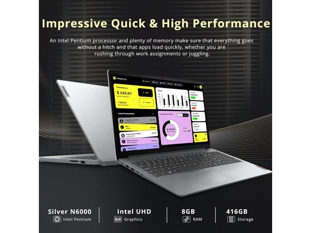 Lenovo IdeaPad 1 15.6' HD Laptop, Intel Pentium Silver N6000, 8GB RAM, 416GB Storage (256GB SSD+160GB Docking Station Set), Intel UHD Graphics, Num...