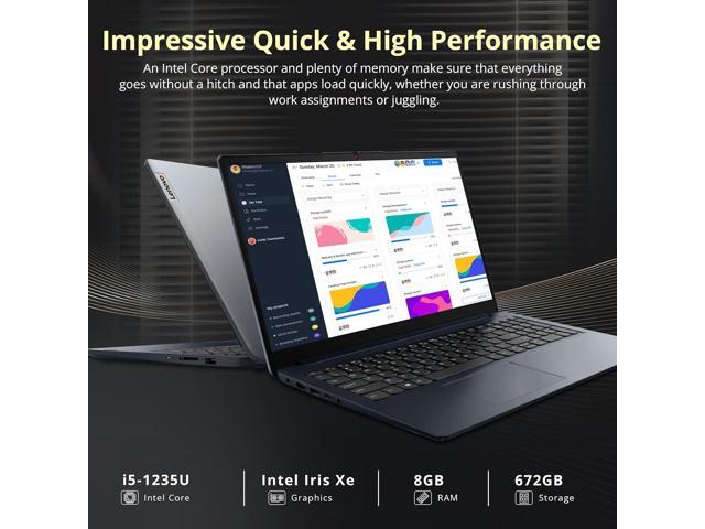 Lenovo IdeaPad 1i 15.6' FHD Touchscreen Laptop, Intel i5 1235U, 8GB RAM, 672GB Storage(512GB SSD + 160GB Docking Station), Intel Iris Xe Graphics,...