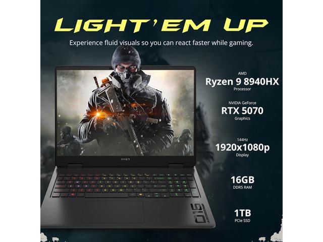 HP Omen 16' FHD 144Hz Gaming Laptop, AMD Ryzen 9 8940HX, 16GB DDR5, 1TB PCIe SSD, NVIDIA GeForce RTX 5070, RGB Backlit Keyboard, Windows 11 Home,...