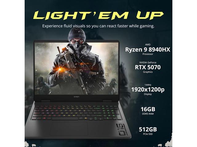 HP Omen 16' FHD 144Hz Gaming Laptop, AMD Ryzen 9 8940HX, 16GB DDR5, 512GB PCIe SSD, NVIDIA GeForce RTX 5070, RGB Backlit Keyboard, Windows 11 Pro,...
