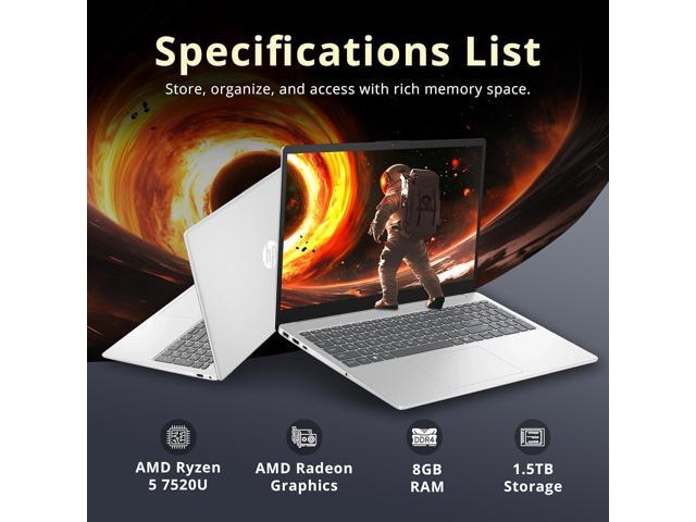 HP 15.6' FHD Touchscreen Laptop, AMD Ryzen 5 7520U, 8GB LPDDR5, 1.5TB Storage (512GB SSD+1TB Docking Station Set), AMD Radeon Graphics, Full-Size...