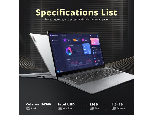 Lenovo IdeaPad 1 15.6' HD Laptop, Intel Celeron N4500, 12GB RAM, 1.64TB Storage(512GB SSD+128GB eMMC+1TB Docking Station), Intel UHD Graphics, 1...