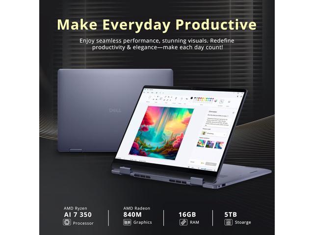 Dell 14' 2K 2-in-1 Touchscreen Laptop, AMD Ryzen AI 7 350, 16GB RAM, 5TB Storage(5TB SSD+1TB Docking Station Set), AMD Radeon Graphics, Backlit...