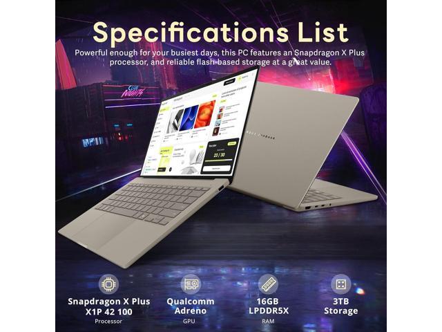 ASUS Zenbook 14' FHD+ OLED Laptop, Snapdragon X Plus X1P-42-100, 16GB RAM, 3TB Storage(2TB SSD+1TB Docking Station Set), Qualcomm Adreno Graphics,...