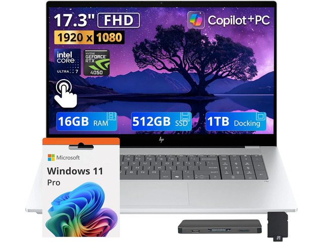 HP OmniBook X 17.3' FHD Touchscreen AI Laptop, Intel Ultra 7 256V, 16GB DDR5, 1.5TB Storage (512GB SSD+1TB Docking Station), GeForce RTX 4050,...