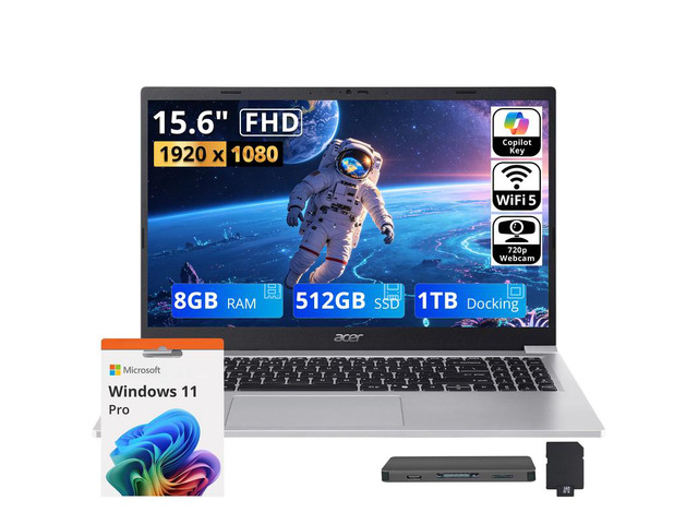 Acer Aspire Lite 15 15.6' FHD IPS Laptop, Intel Core 3 N350, Intel Graphics, 8GB RAM, 1.5TB Storage(512GB SSD+1TB Docking Station Set), Copilot,...