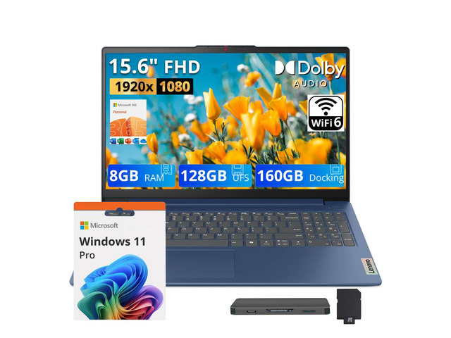 Lenovo IdeaPad Slim 3 15.6' Anti-Glare FHD Laptop, Intel N150, Intel Graphics, 8GB RAM, 288GB Storage(128GB UFS+160GB Docking Station Set),...