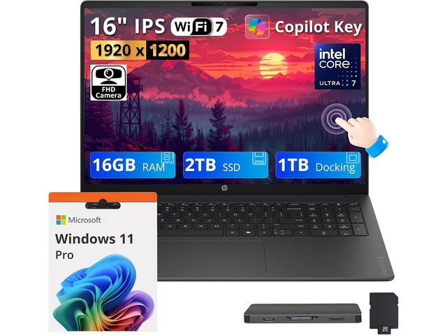 HP OmniBook 3 16' WUXGA IPS Touchscreen Laptop, Intel Core Ultra 7 255U, 16GB DDR5, 3TB Storage (2TB SSD+1TB Docking Station), Copilot+ PC, Numeric...