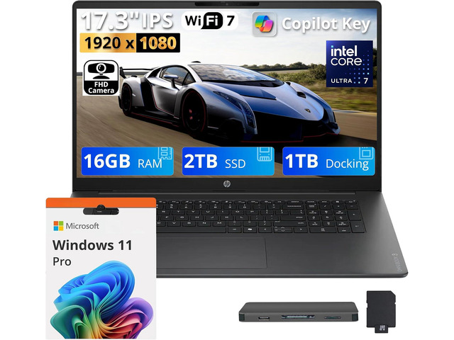 HP OmniBook 3 17.3' FHD IPS Laptop, Intel Core Ultra 7 255U, 16GB DDR5, 3TB Storage (2TB SSD+1TB Docking Station), Copilot+ PC, Intel Graphics,...
