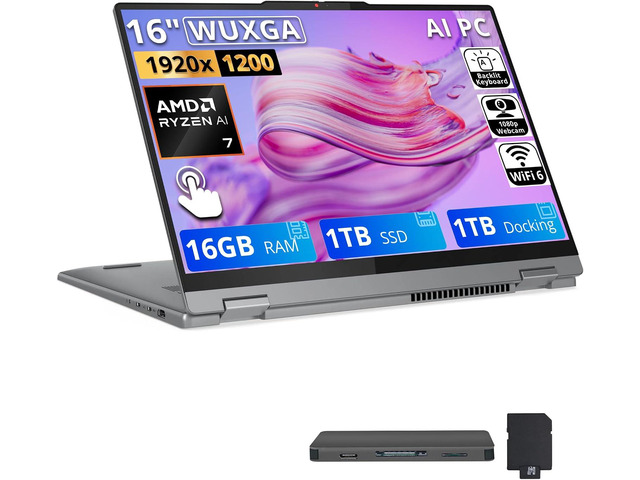 Lenovo IdeaPad 5 2-in-1 16' WUXGA Touchscreen Laptop,AMD Ryzen 7 8845HS,16GB RAM,1TB SSD+1TB Dock Set,AMD Radeon 780M,Backlit...