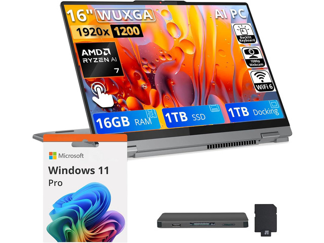 Lenovo IdeaPad 5 2-in-1 16' WUXGA Touchscreen Laptop,AMD Ryzen 7 8845HS,16GB RAM,1TB SSD+1TB Dock Set,AMD Radeon 780M,Backlit...